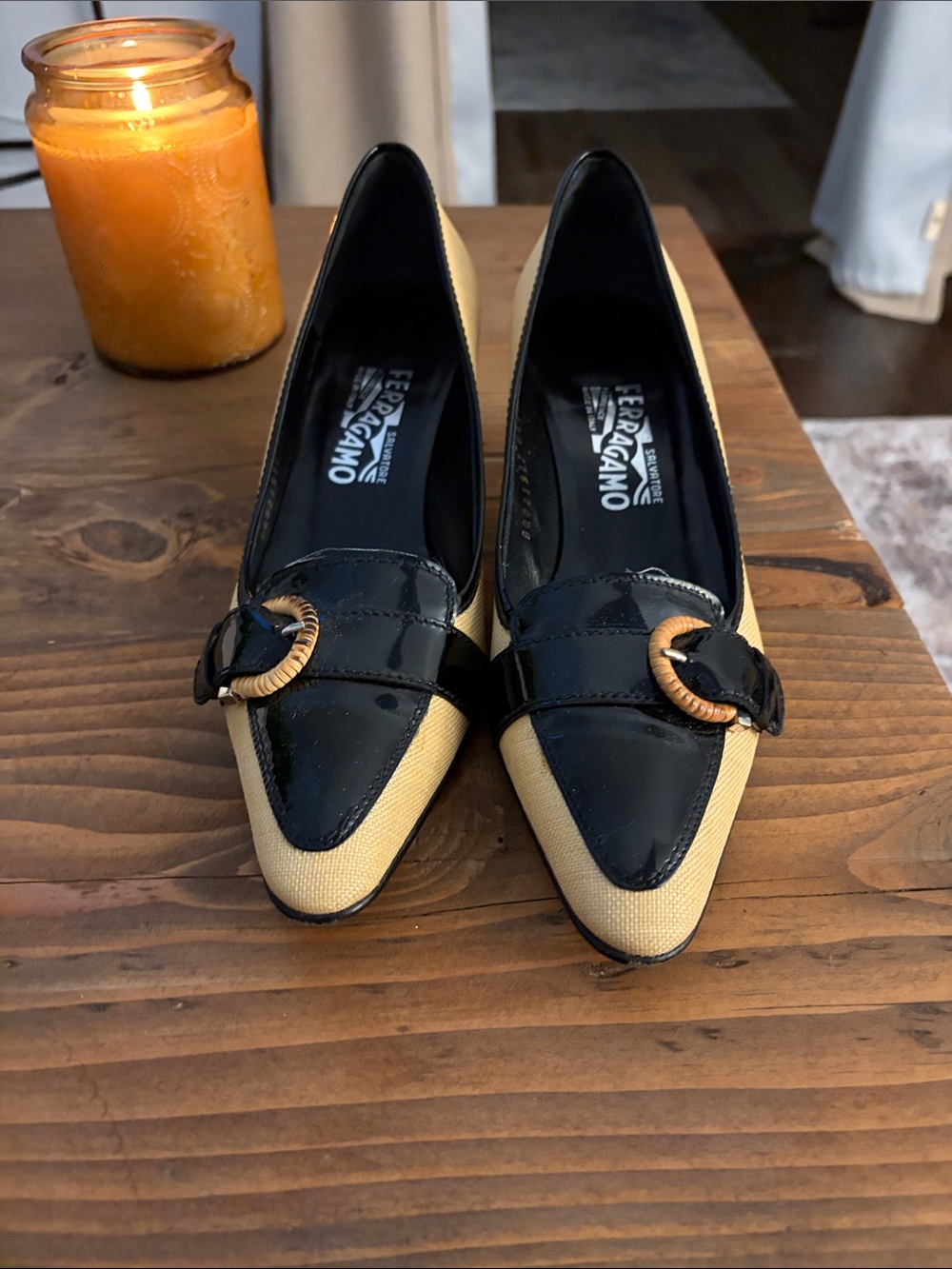 Salvatore Ferragamo Black Patent and Beige Two-Tone Pointed Loafers 1 1/2 heel
